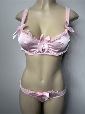 ROMWE Light Pink Satin Bow-Accent Bra & Brief Set